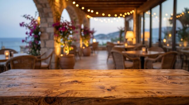 Empty wooden table surface in blurred Mediterranean restaurant terrace at sunset for product display mockup background.
