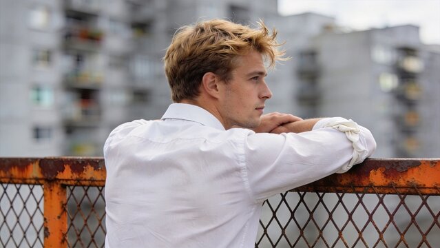Young man leaning on rusty fence looking away, urban background, thoughtful expression, white shirt, rooftop view, city buildings, contemplation, solitude, lifestyle portrait