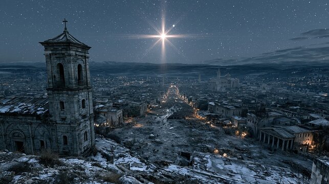 Nativity scene with the Star of Bethlehem over a snowy ancient city