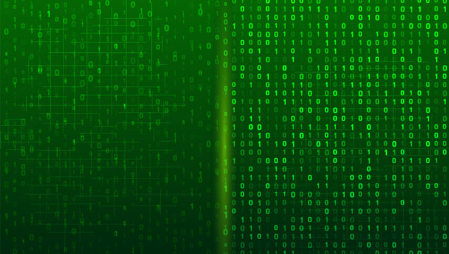 Abstract green binary code background with a glowing vertical light stream, symbolizing data flow, technology, and cybersecurity.