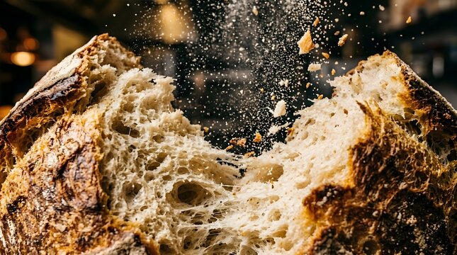 Freshly baked artisanal sourdough bread loaf being torn apart with flour dust flying in the air.