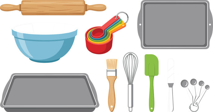  Baking utensils and kitchen tools vector illustration set featuring rolling pin mixing bowl baking sheets whisk and measuring cups for culinary design