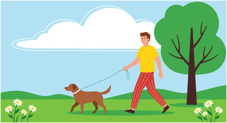 Fototapeta premium Young Man Walking His Dog on a Leash in a Green City Park Flat Vector Illustration