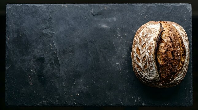 Freshly baked artisanal sourdough bread loaf on a dark slate background with copy space 1.
