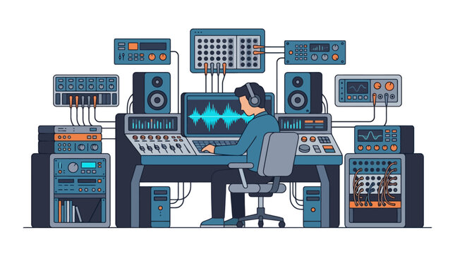Professional music producer working in a modern digital recording studio with audio equipment. EPS Editable