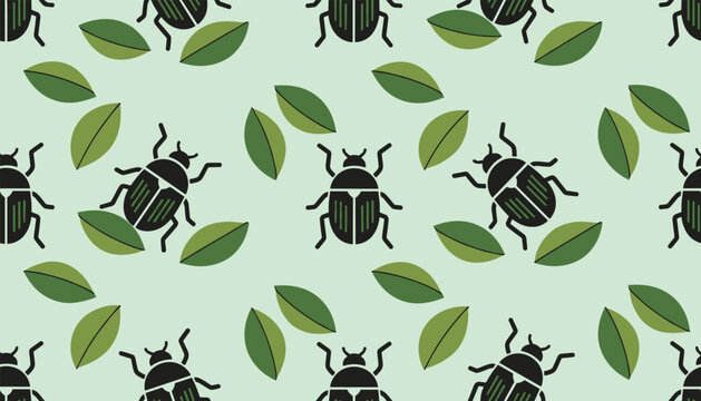 Seamless nature pattern featuring black beetles and scattered green leaves over a pastel light green background.