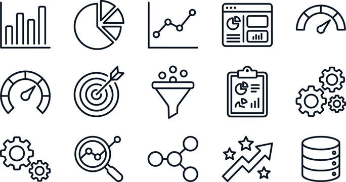 Business data analytics and statistical analysis line icon set featuring financial charts graphs funnel target and database for corporate dashboard UI design