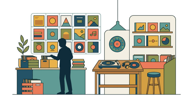 Vinyl record store interior with customer browsing music collection. EPS Editable