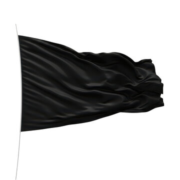 Black waving flag on white pole isolated on transparent background