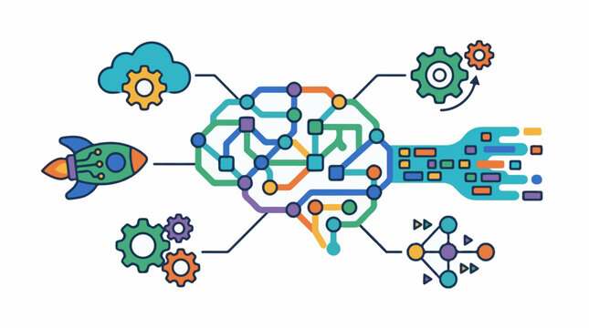 Abstract brain graphic with connections rocket gears and cloud