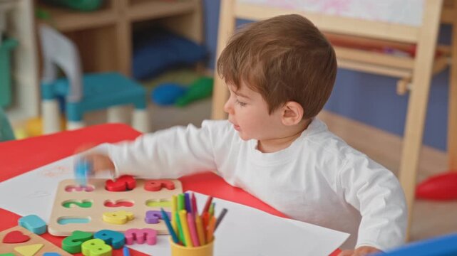 Boy holds a blue block above a wooden number puzzle on a red table in a building playroom, reaching toward a cup of colored pencils; curiosity.