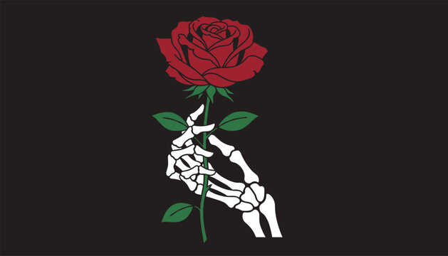 Gothic style skeleton bone hand holding a beautiful red rose on a stem against a solid dark black background.