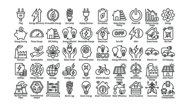 Eco friendly energy saving icons set for infographics and presentations on sustainable living and renewable power sources