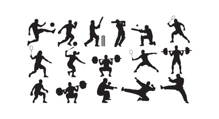 Obraz premium Diverse sports action silhouettes featuring football cricket badminton weightlifting and martial arts for athletic design.