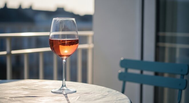 A single glass of rose wine sitting on a wooden table on a balcony during a sunny afternoon