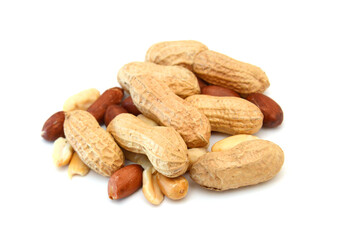 Obraz premium Dried peanuts in closeup on white