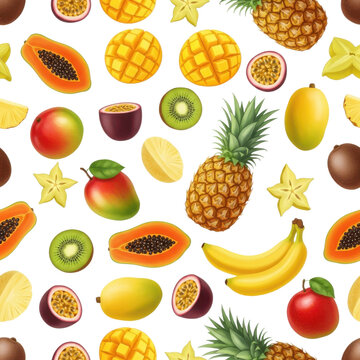 a vibrant seamless pattern of assorted tropical fruits including pineapples, mangoes, papayas, kiwis, bananas, passionfruits, and starfruit on a clean white background