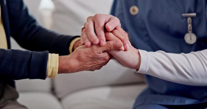 Comfort, nurse and old woman in home with holding hands, understanding or empathy in elderly care. Compassion, patient or caregiver with security, retirement support and trust in medical assistance.