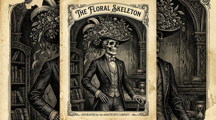 Fototapeta premium Victorian Skeleton Wearing Floral Hat and Suit in Ornate Setting