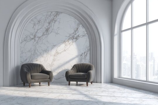 Two elegant armchairs sit within an arched niche with a marble backdrop.
