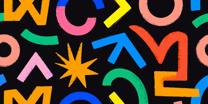 Colorful abstract letterforms and shapes vector illustration on black background