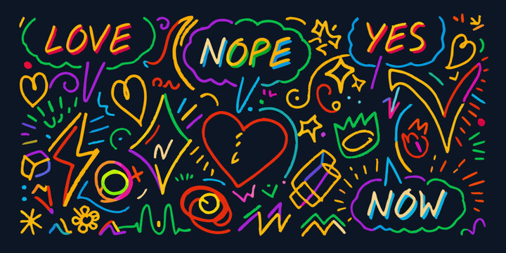 Neon doodle collection vector illustration with words and abstract shapes