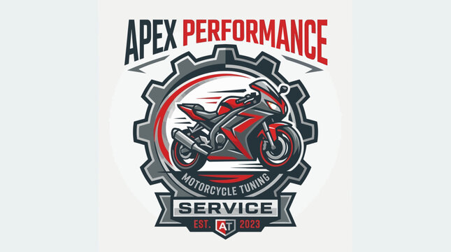 Dynamic graphic emblem featuring a sleek, red and black sport motorcycle integrated within a mechanical gear, symbolizing high-performance vehicle customization and expert engine tuning services