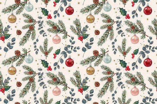 A seamless christmas pattern featuring watercolor of pine branches, red holly berries, pinecones, and hanging glass ornaments