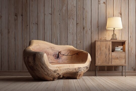Organic wood chair and side table with lamp create rustic room ambiance.