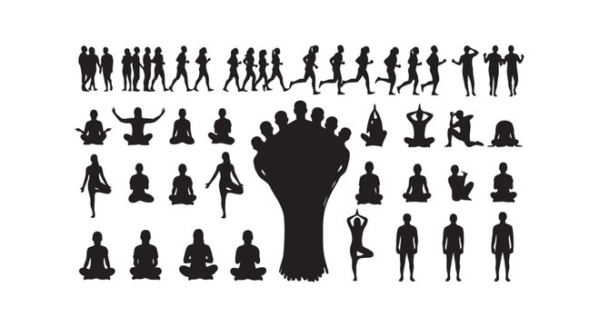 Extensive collection of human silhouettes showing different poses such as yoga and running and group circle formations.