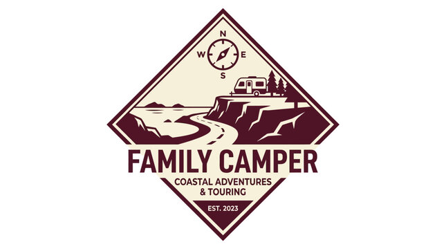Retro outdoor adventure emblem with family camper van on a winding coastal road, depicting scenic touring and exploration
