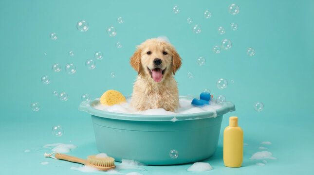 Dog salon grooming puppy enjoy bath foam bubble wash tub blue background cute playful. Canino pet spa care service. washing clean hygiene treatment, haircut coiffure, beautiful happy