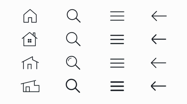 A set of simple line icons representing navigation elements like home, search, menu, and back arrow.