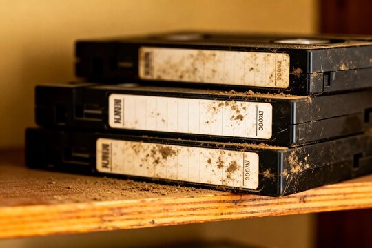 Stack of Dusty VHS Tapes on Wooden Shelf