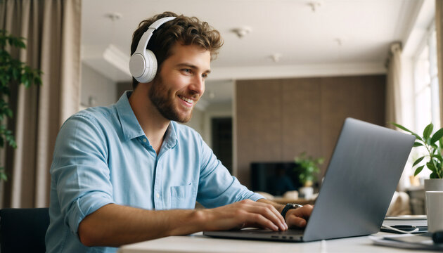 Smiling man working remotely on laptop with headphones, embodying digital nomad lifestyle during a video call.