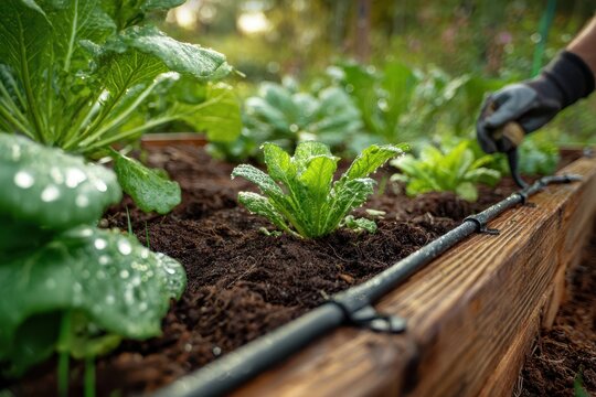 Drip irrigation hose along a wooden raised garden bed supplying water to vegetables