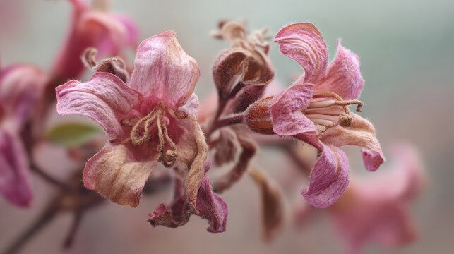 Macro close-up of hairy wilted weigela blossoms in soft morning light