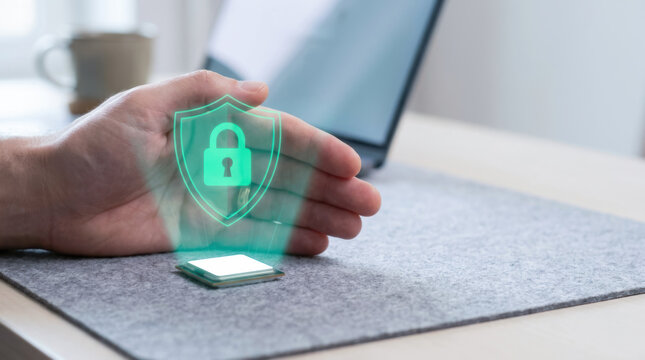 Hand shielding microchip with digital lock symbol representing data protection and cybersecurity on desk
