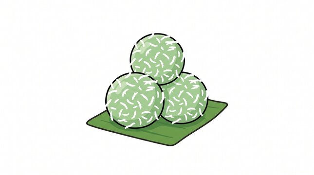 Three green glutinous rice balls with shredded coconut topping served on a banana leaf