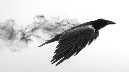 Fototapeta premium High-contrast studio shot of a crow rising from smoke with isolated white background