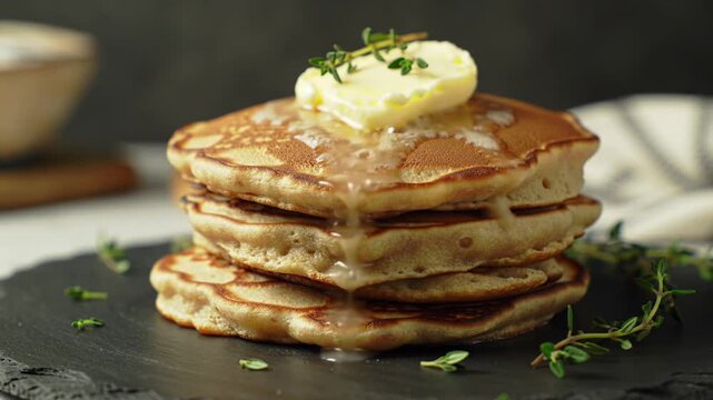 Hand garnishing a stack of golden brown pancakes topped with melting butter and fresh thyme on a dark stone platter