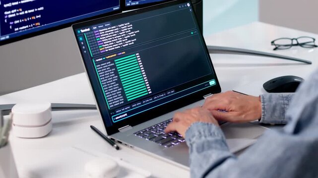 Software Developer Carefully Writes Code In Cloud-based Browser Environment