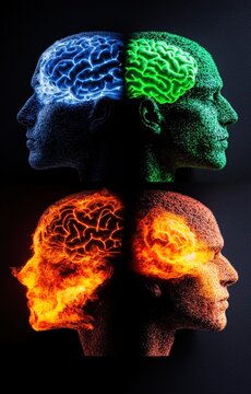 Digital illustration of four brain profiles showing contrasting states in vibrant fire and ice colors