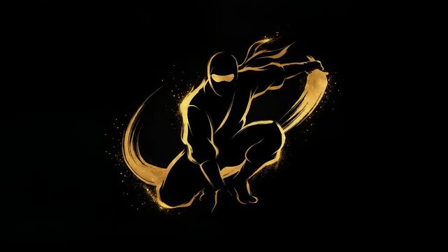 Golden Ninja Silhouette Ink Art Background