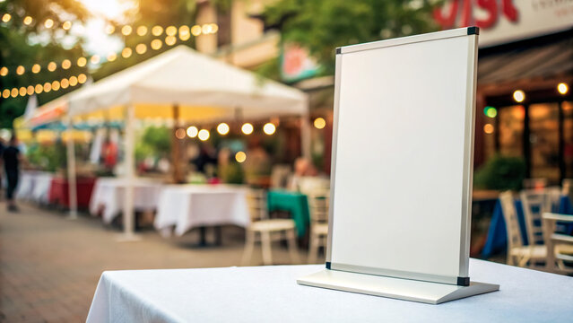 Blank menu board on outdoor restaurant table at dusk