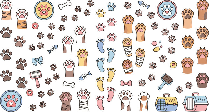 Colorful collection of pet paw prints and dog-themed icons