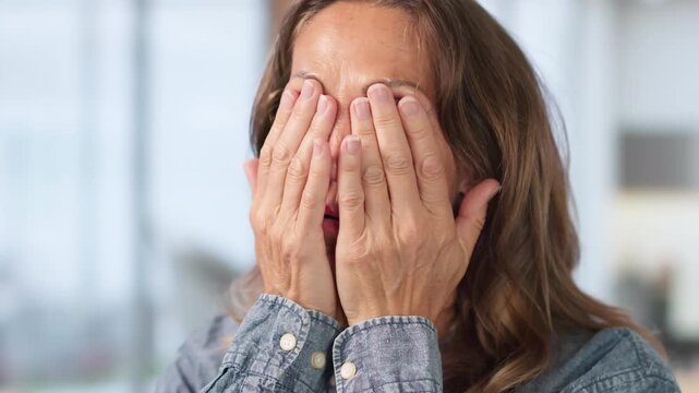 Older Woman At Home Rubbing Tired Eyes Feeling Migraine