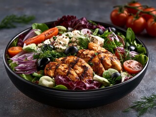 Fototapeta premium Colorful Salad Bowl with Fresh Vegetables and Grilled Chicken Protein