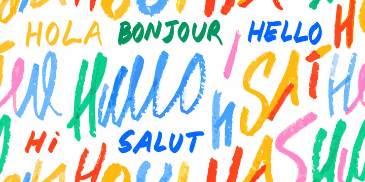 Colorful handwritten greetings pattern with international salutations