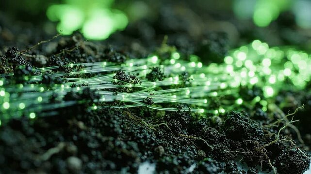 Cinematic Smart Agriculture Background with Glowing Data Roots in Earth